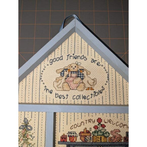 Country Welcome Needlepoint Wall Art with Cats in Light Blue Frame - Picture 2 of 7
